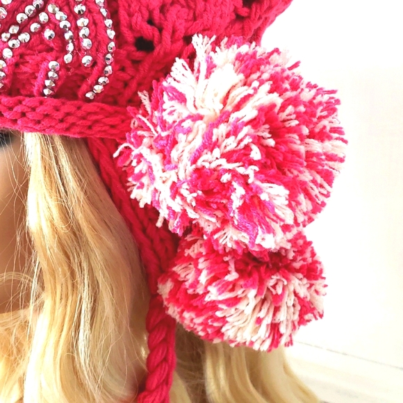 Pink And Cream Color Adult Bling Knit Hat - Picture 5 of 9